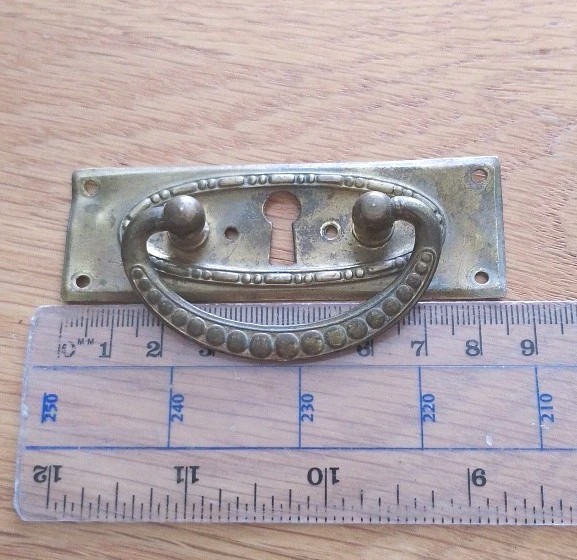 Vintage Solid Brass Drop Handle Escutcheon Pull Cupboard Drawer 8.5cm x 2.5cm