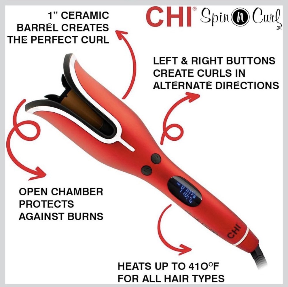 CHI Spin N Curl Ceramic Rotating Curling Iron Auto Shut-Off 1" Red
