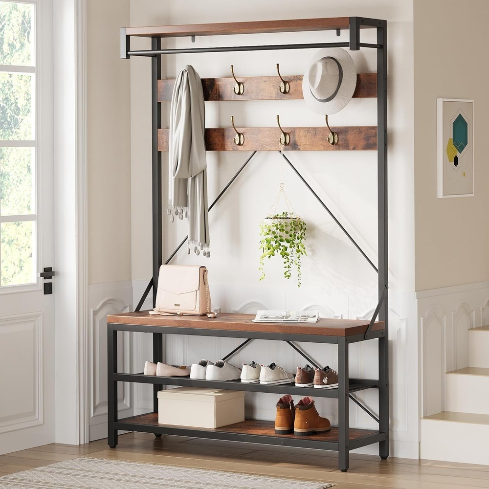 Space-Saving Multi-Function Organizer, Bench, Shoe Rack& Coat Hooks for Entryway