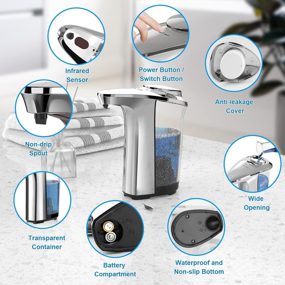 Automatic Soap Dispenser Silver 17oz Touchless Infrared Sensor Kitchen Bathroom