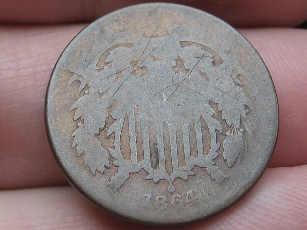 1864 Two 2 Cent Piece- About Good Details, Chocolate Brown