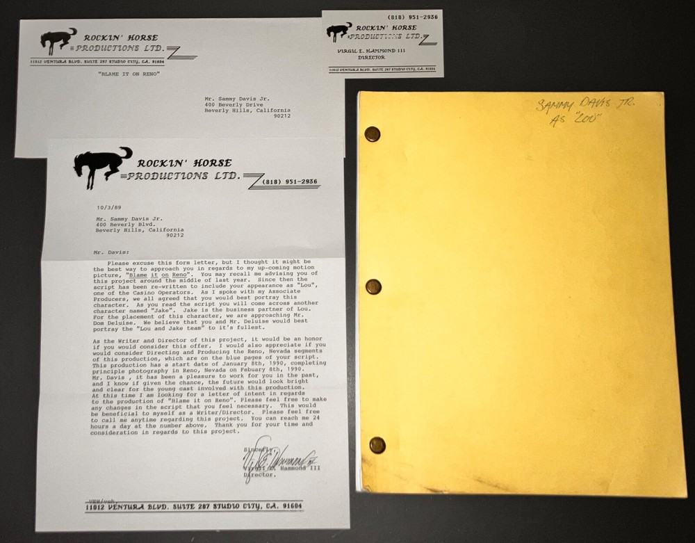 BLAME IT ON RENO (1989) Virgil Hammond / Sammy Davis Jr. Script Presentation+COA