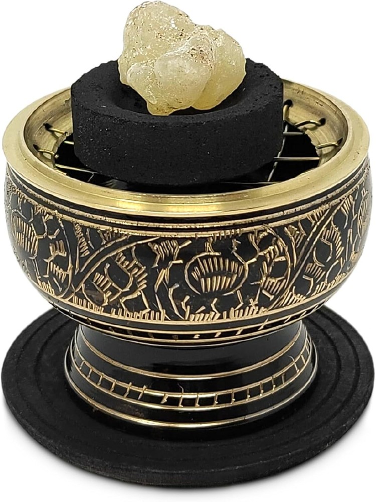 Compact Brass Charcoal Incense Burner with Intricate Patterns & Coaster Included