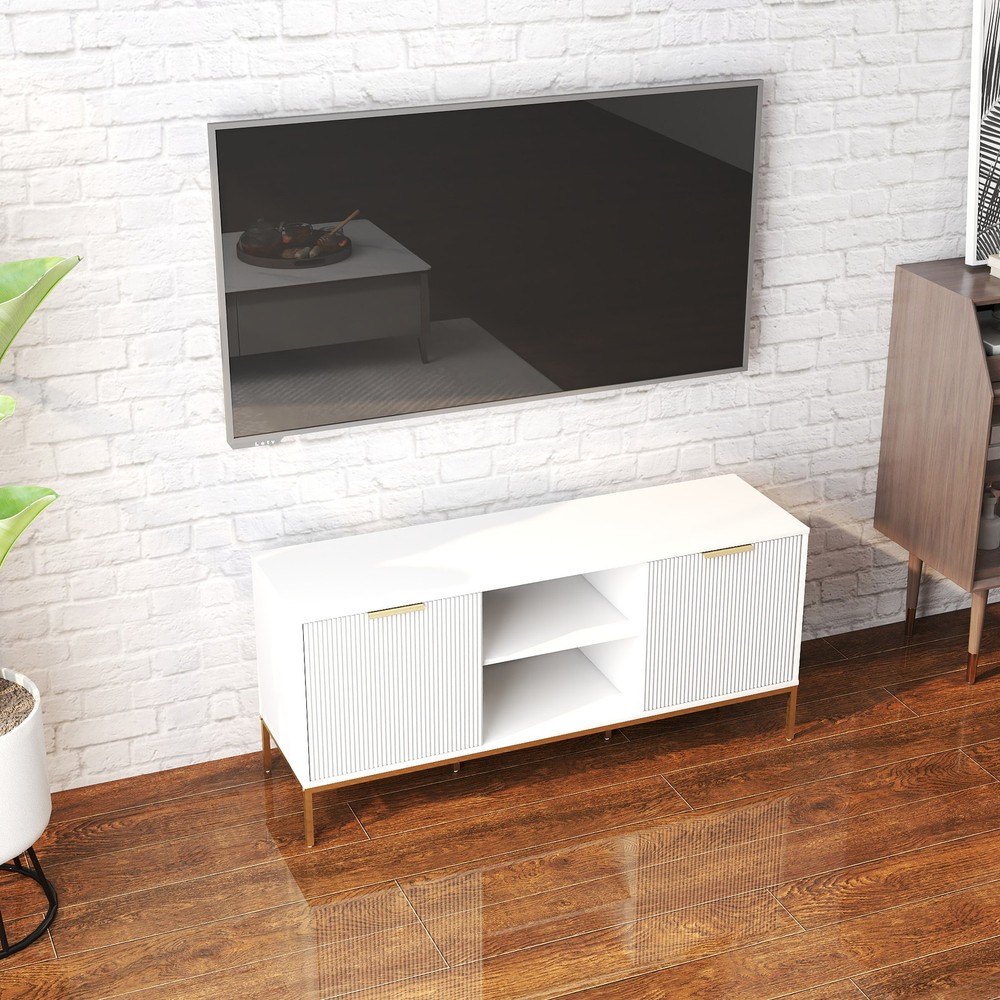 Modern TV Stand with Wave-Design Doors, Open Shelf & Adjustable