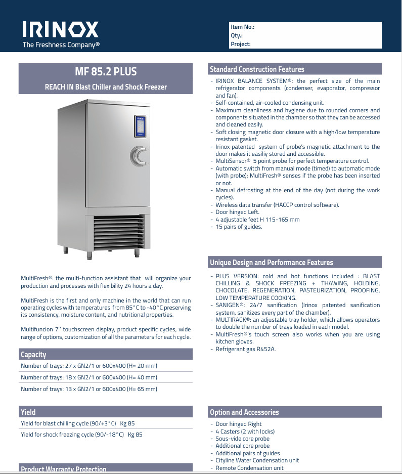 Irinox Flash freezer MF 85.2 or Full-size blast chiller