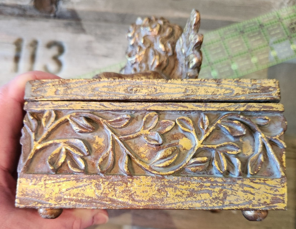 Cherub Design Storage Box "Antique" Look 6" X 6" Inside Lined 2 Pc. Gold