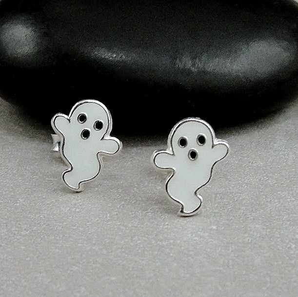 Ghost Post Earrings - 925 Sterling Silver - Spooky White Ghost Studs NEW