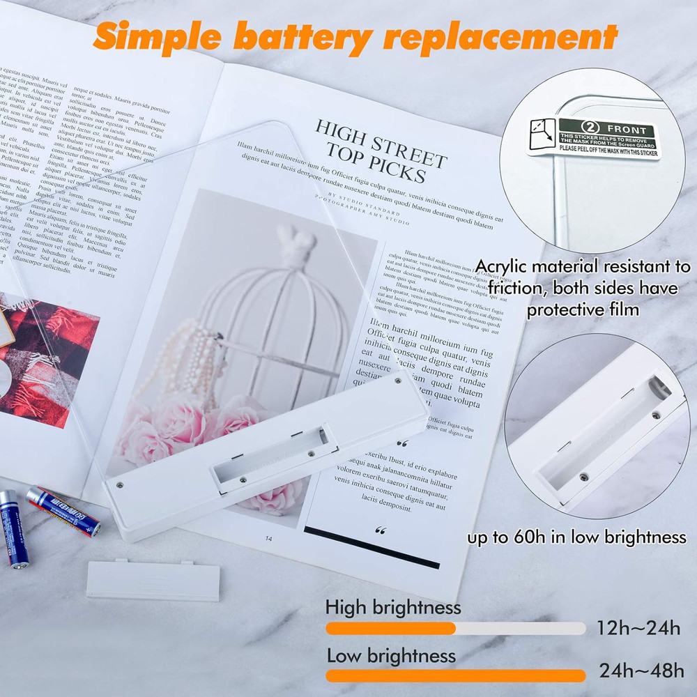 Book Light,Battery Powered Flat Plate Led Book Lamp,Brightness Adjustable,2 Colo