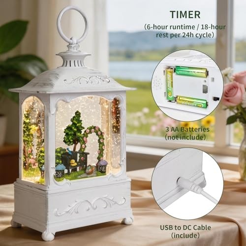 Spring Snow Globe Lantern - Light Up Glitter Water Globe, 6H Timer, USB & Batter