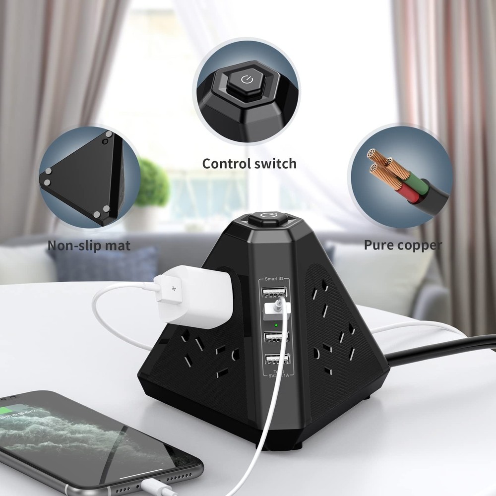 Power Strip Surge Protector Tower, 3-Side Triangle Outlet with 9 AC Multiple ...