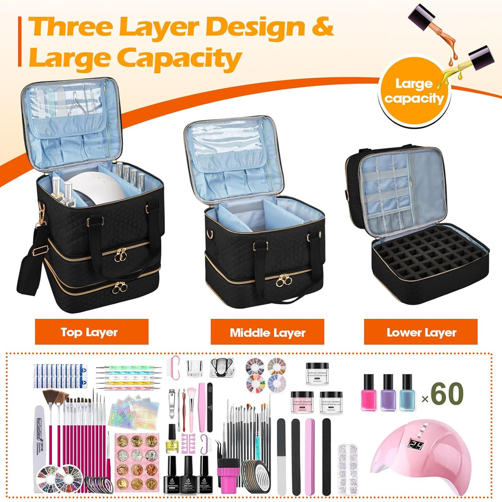 Nail Bag Organizer Case - Three Layer Nail Polish Storage Bag with Adjustable Di
