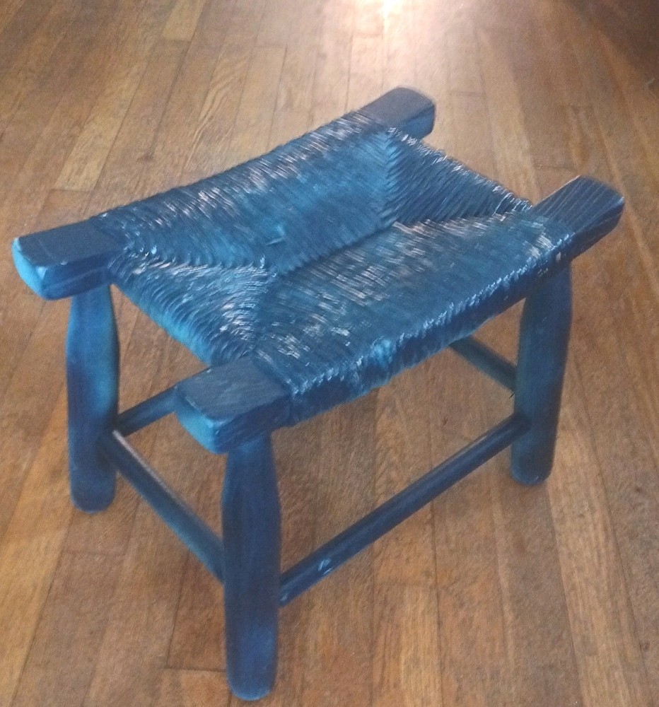 1940's Old Hickory Foot Stool Bench Primitive Rustic Cabin Decor WHY BLUE (?!)
