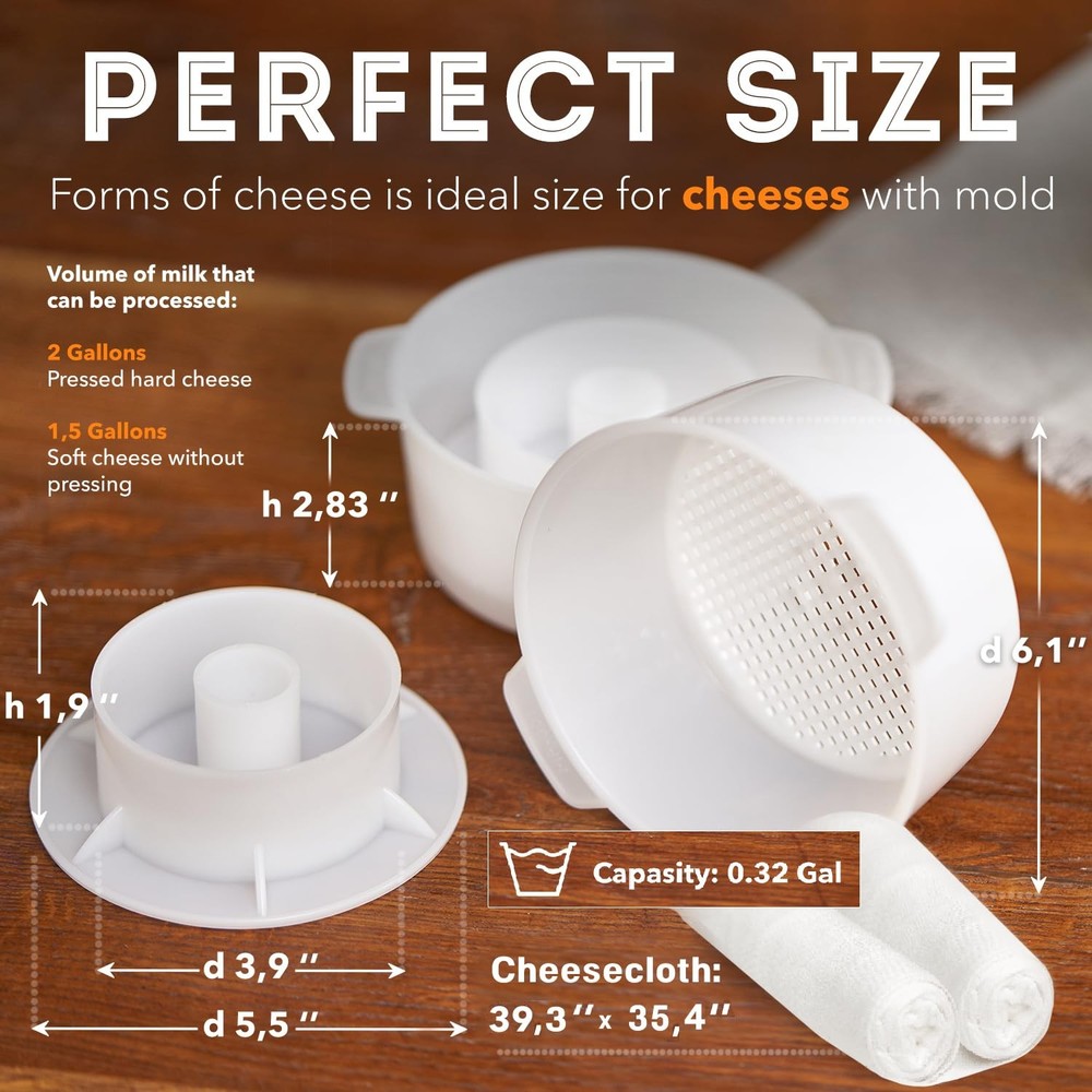 2 pcs Cheese Mold with a Follower Piston and Cheesecloth – Medium