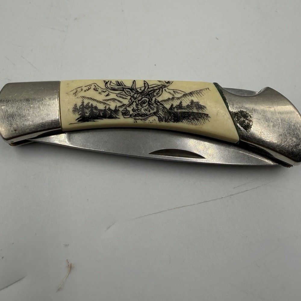 Vintage Sabre Folding Pocket Knife Logback Deer Buck Double Side Stainless
