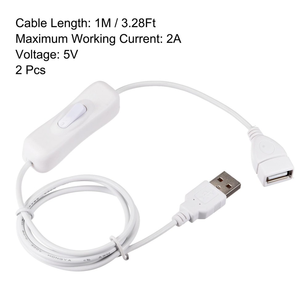 USB Cable with ON/OFF Switch Extension Cable 1M White 2pcs