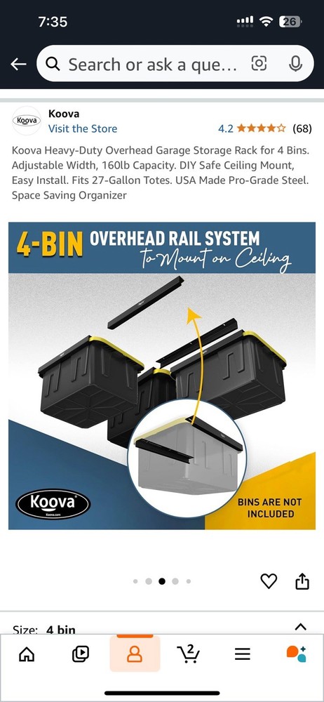 New In Box 4 Bin Koova Ceiling Storage Rack