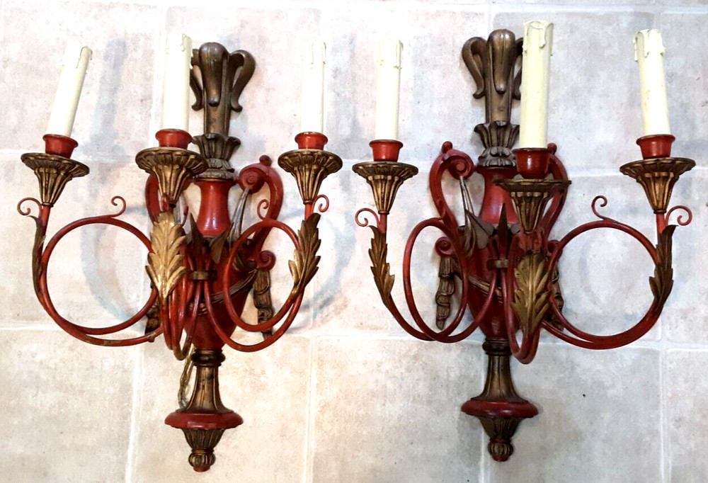 2 Massive Antique Electrified Bronze Wall Sconces Candelabras Pictures Inside