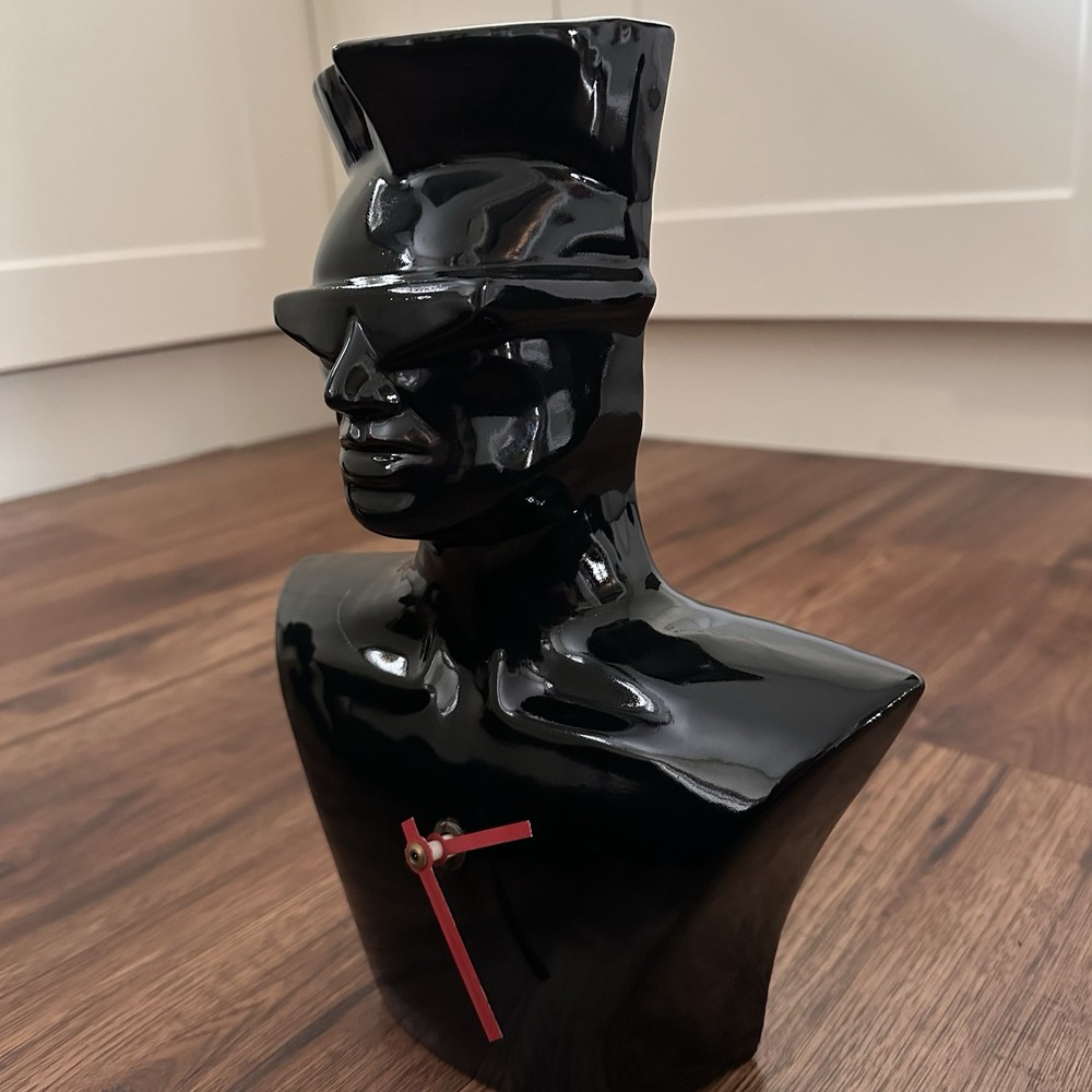 Large 1980s Postmodern Ceramic Bust Mantel Clock Black Sunglasses Design