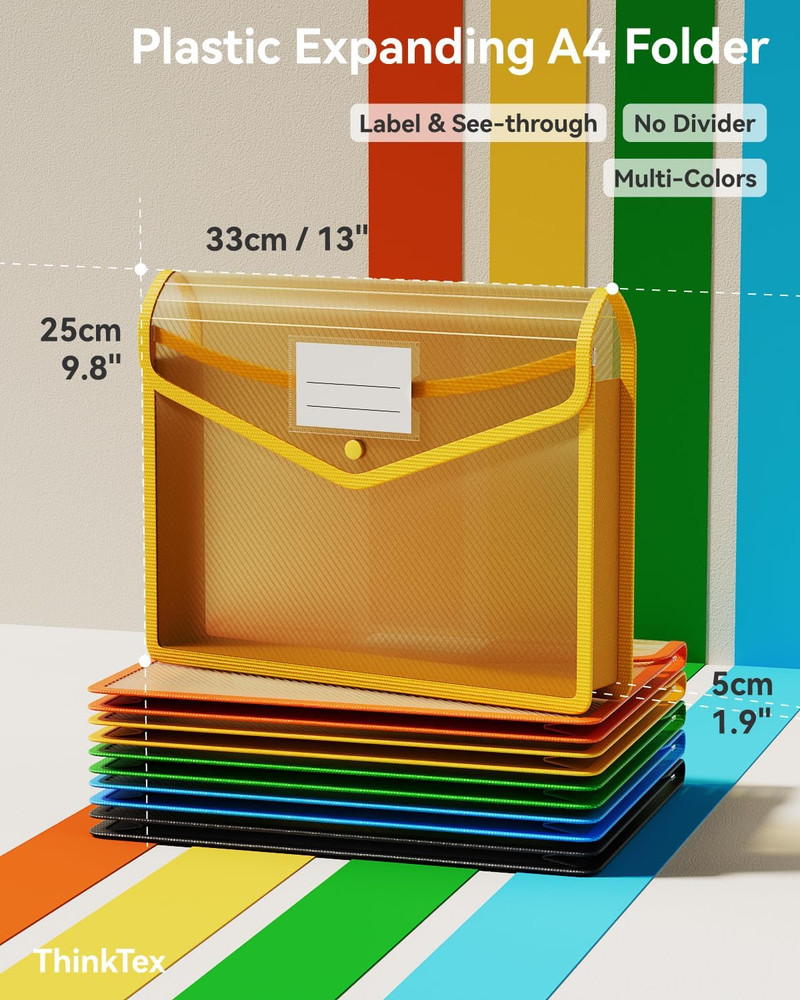 Plastic Expanding File Folder, Transparent Envelopes with Snap Closure, No Divid