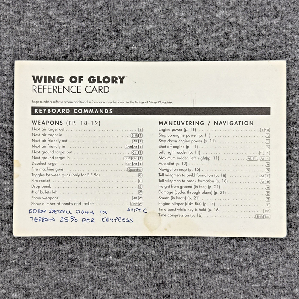 Wings of Glory PC Game 1994 Refernce Manual, Card & Install Guide