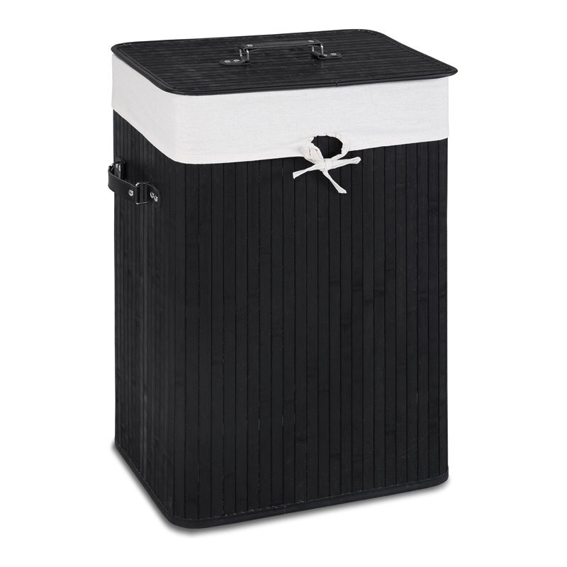 Pemberly Row Rectangle Bamboo Hamper Laundry Basket with Lid in Black