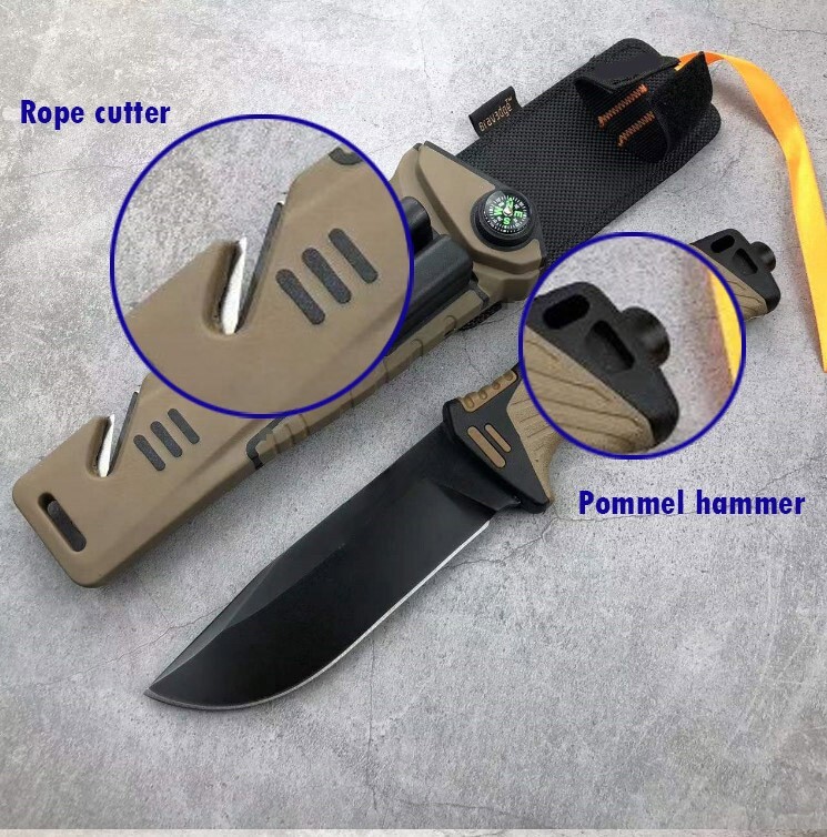 Tactical Fixed Blade Survival Knife with firestarter, LED light, compass, MORE!
