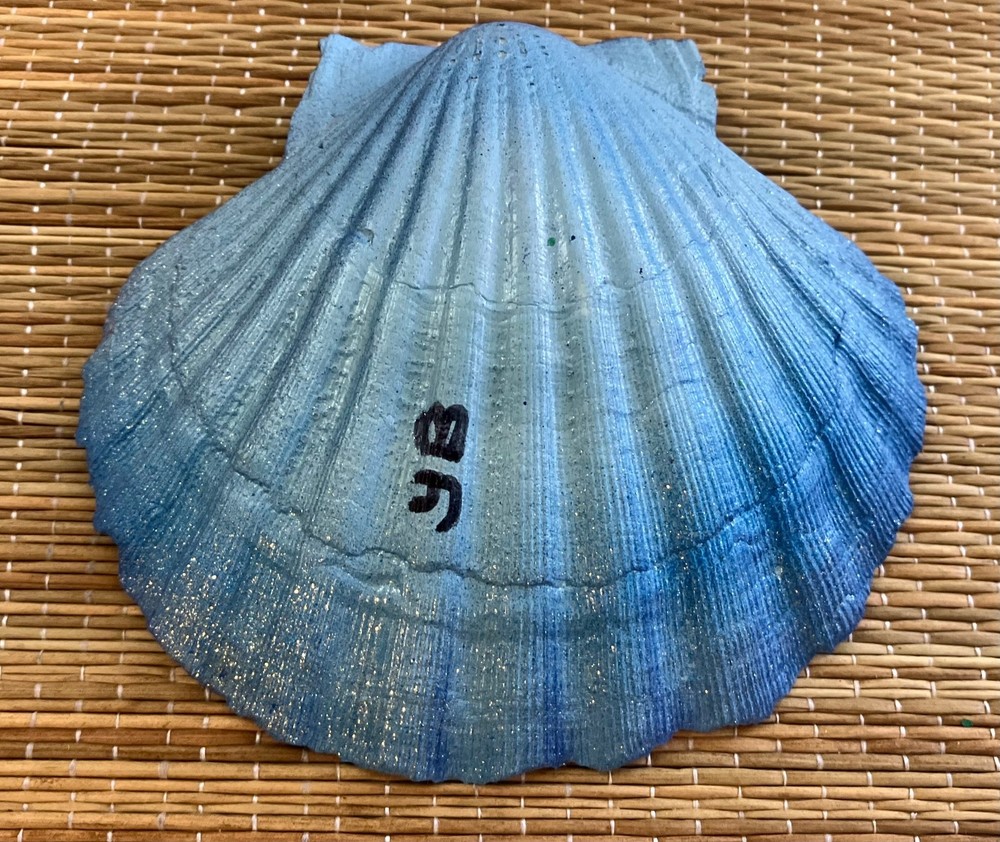 Handpainted Real Scallop SHELL, Ring Coins Trinket DISH, Blue & Silver, Glitter