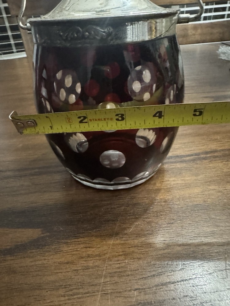 RARE Vtg Ruby Red Cut To Clear Bohemian Crystal Biscuit Jar Polka Dot Pattern