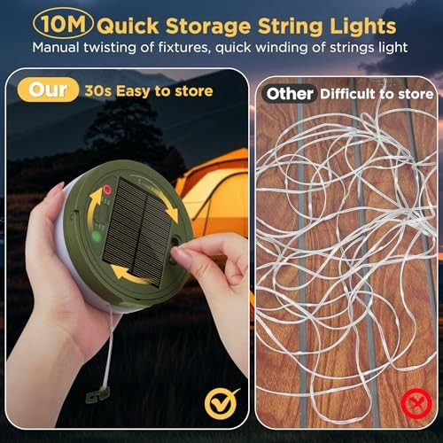 Solar Camping String Lights, 33FT 3000mAh Retractable 4 in 1 Solar/USB Charging