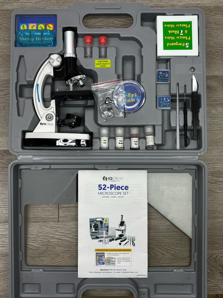 IQ Crew 52-Piece Microscope Set Shrimp Science Kit Complete w/ Extra Slides