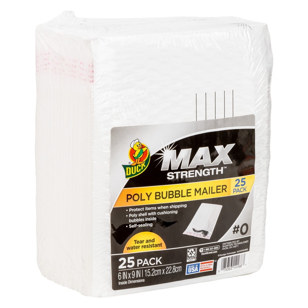 Max Strength Self-Sealing Poly Bubble Mailer #0, 6" x 9", Solid White, 25 Pack
