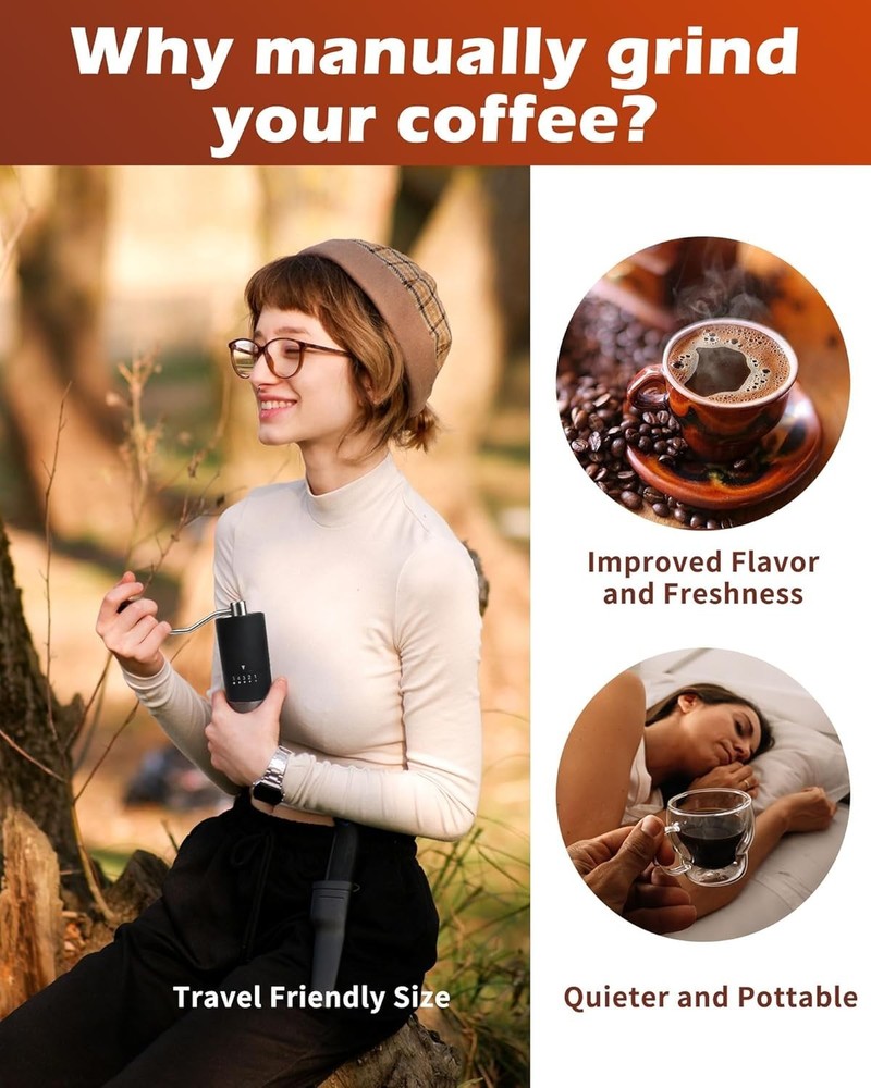 Compact Stainless Steel Coffee Grinder for Home and Camping - Silent & Efficient