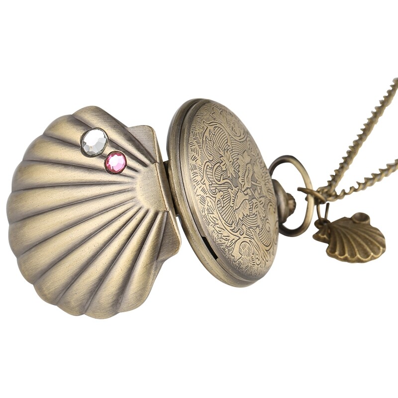 Antique Pocket Watch Shell Shape Design Quartz Movement Timepiece with Chain