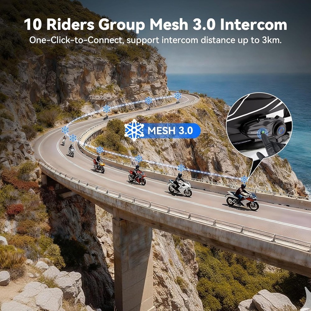 X10 10 Riders Group Mesh Motorcycle Intercom, 3000m Motorcycle Bluetooth Headset