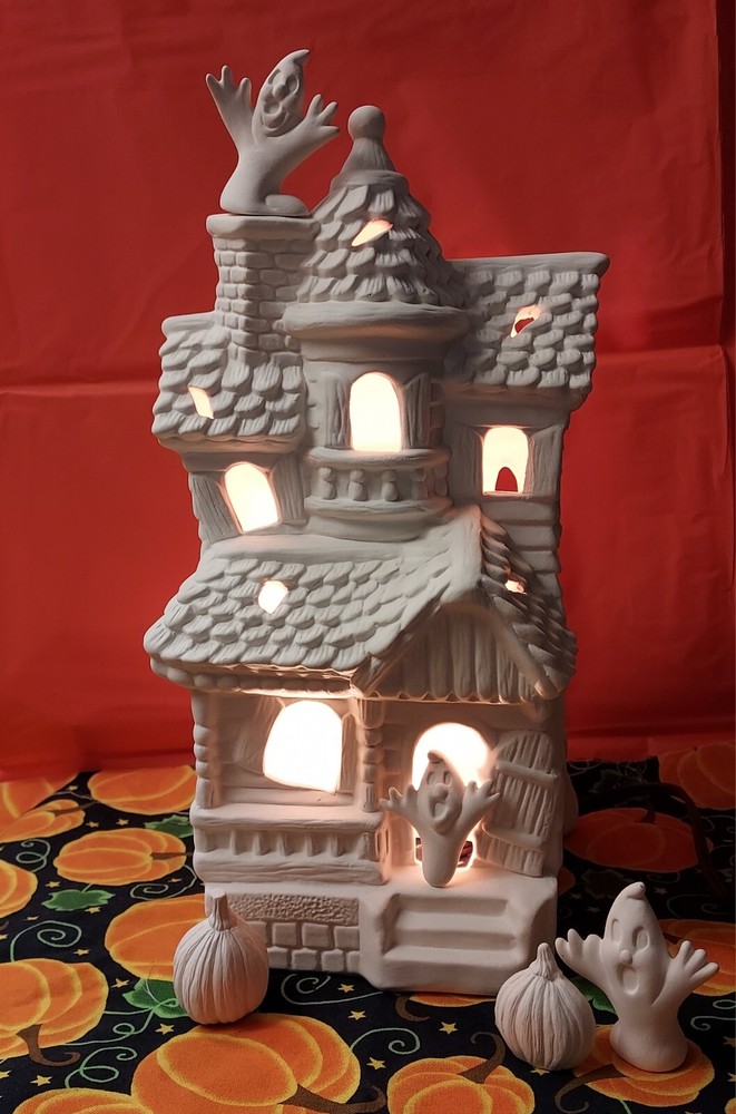 Ceramic Bisque~~ Ready  to Paint ~~~ Haunted House with Ghost~~ lights up