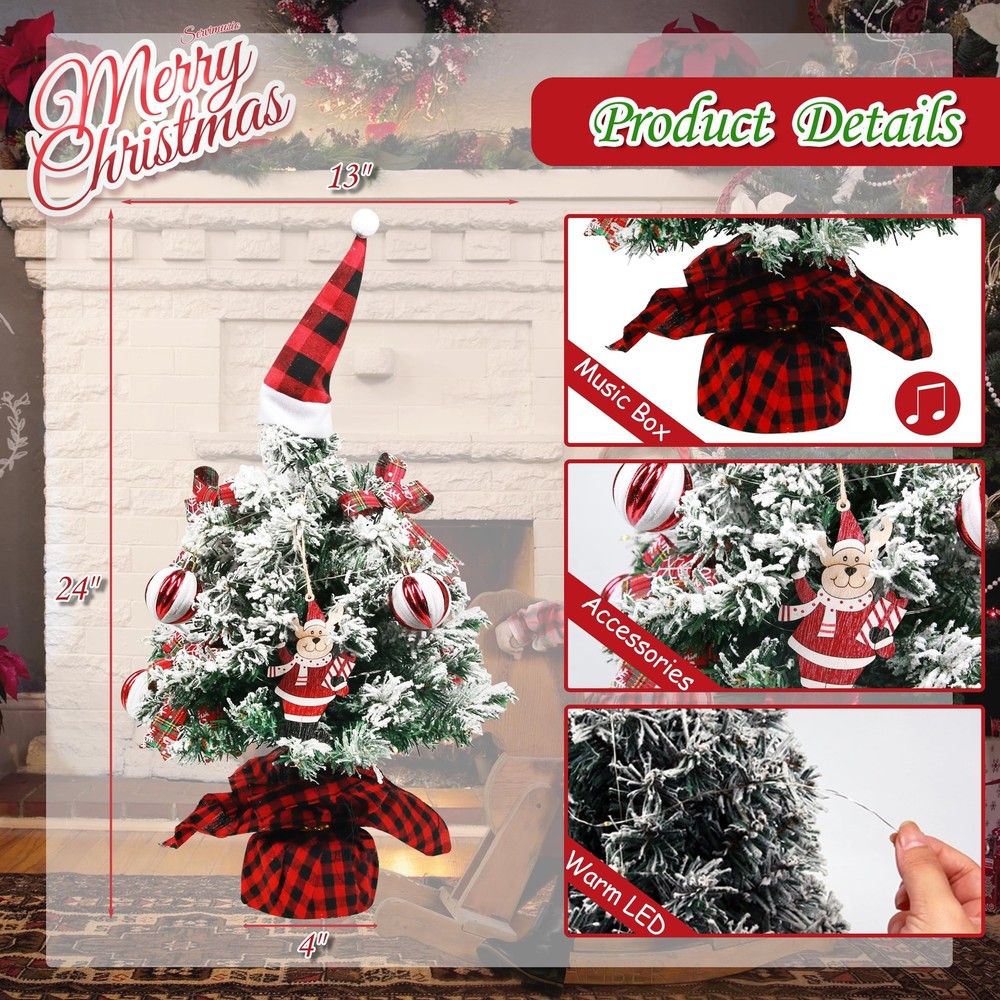 Mini Christmas Tree, 24 Inch/2 FT Lighted Tabletop Artificial Xmas Tree with ...