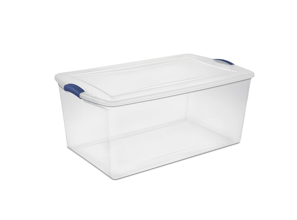 Sterilite 105 Quart Latch Box, Clear Plastic Storage Bin with Clear Lid, Blue