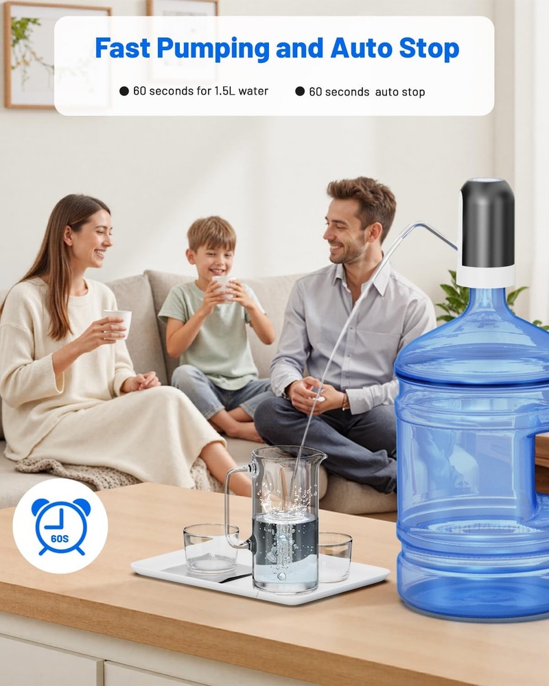 Electric Water Dispenser Pump USB Rechargeable for 3-5 Gallon Bottles Black