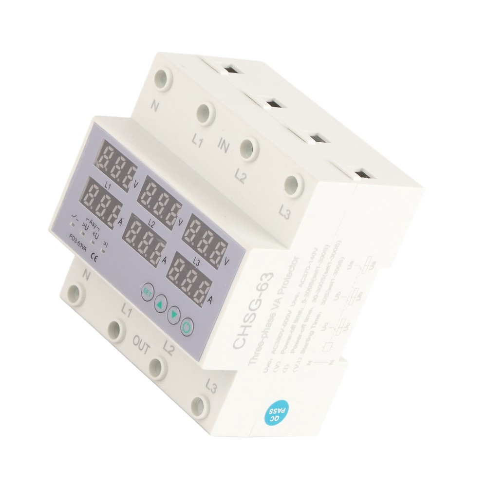 63A 3Phase DIN Rail Voltmeter Ammeter Auto-Overvoltage Overcurrent Protector AC