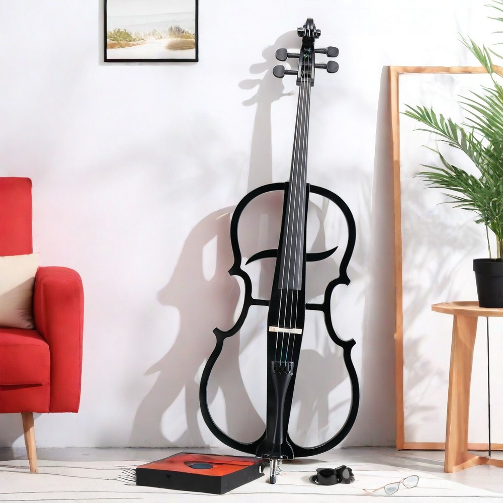 Black 4/4 Full Size Electric Cello Set With Earphone, Electric Violoncello Set