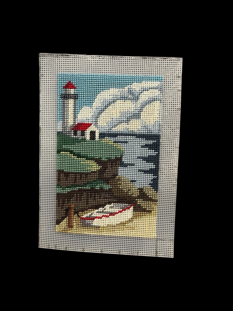 VTG Needlepoint Plastic Canvas Lighthouse Boat Completed Handmade
