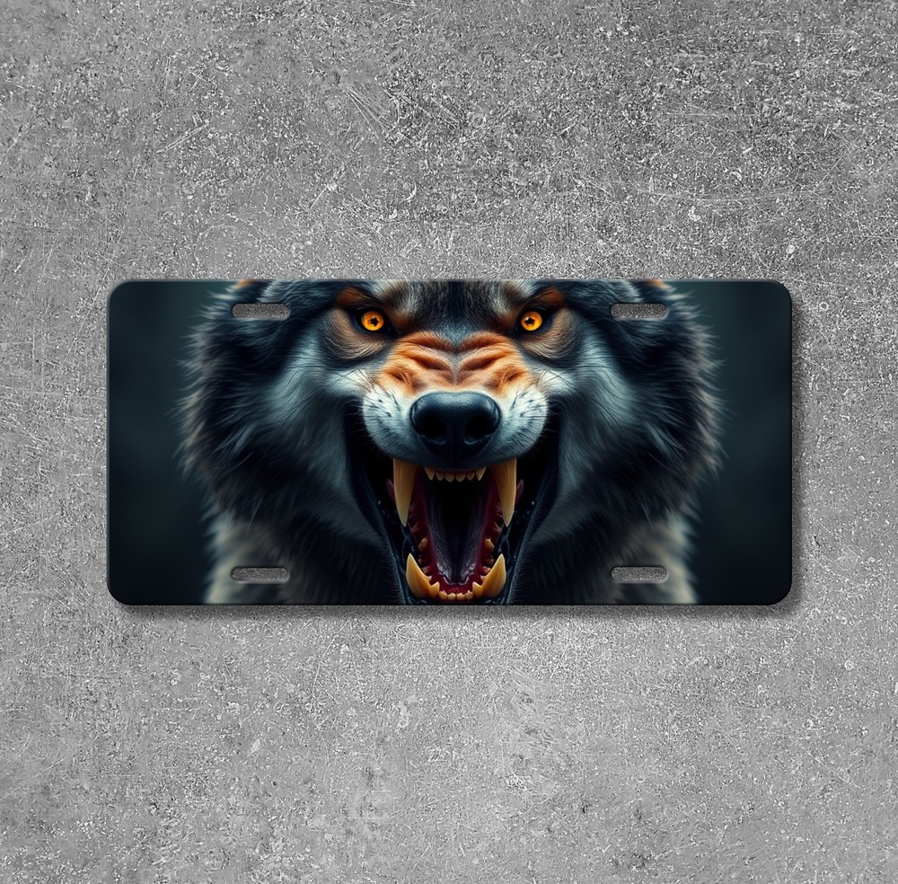 Hyperrealistic Wolf License Plate with Fangs Custom Front Plate Gift Idea