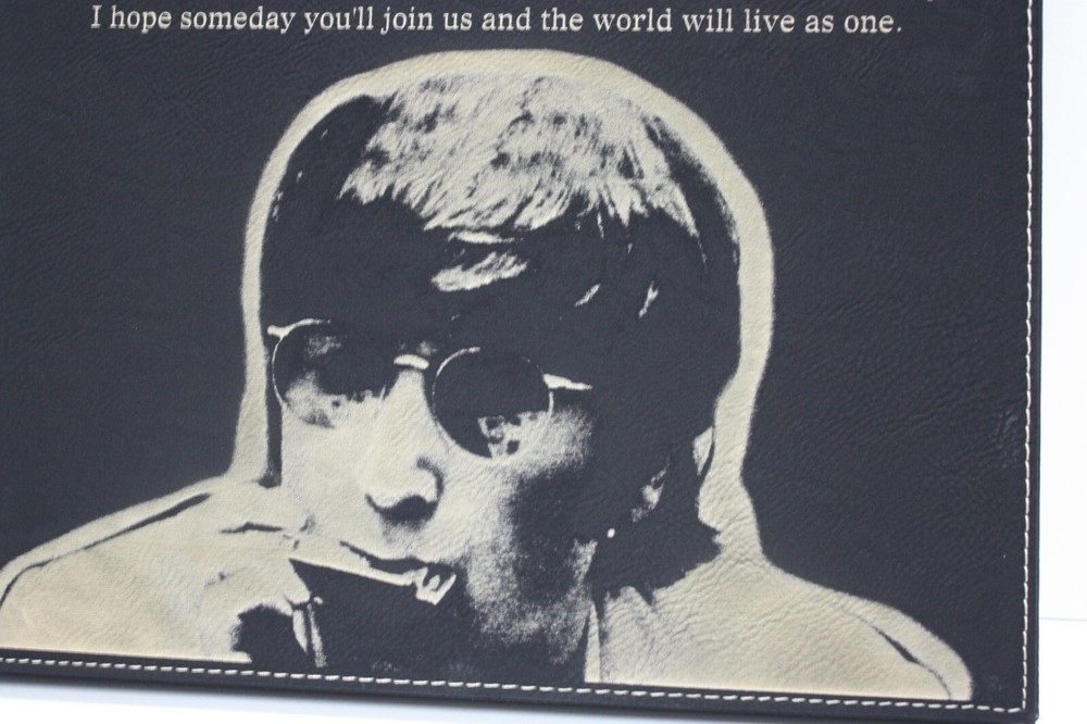 John Lennon Imagine Laser Engraved Hand Tooled Leather Wood Plaque.