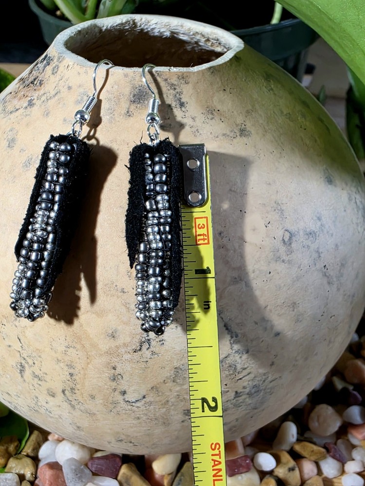 Handmade Black /Silver Corn Beaded earrings (black husk)