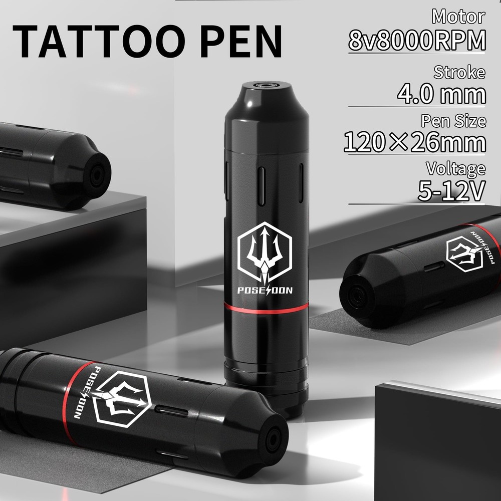 POSEIDON Tattoo Pen Set, Wireless Gun Kit Multicolor, Black