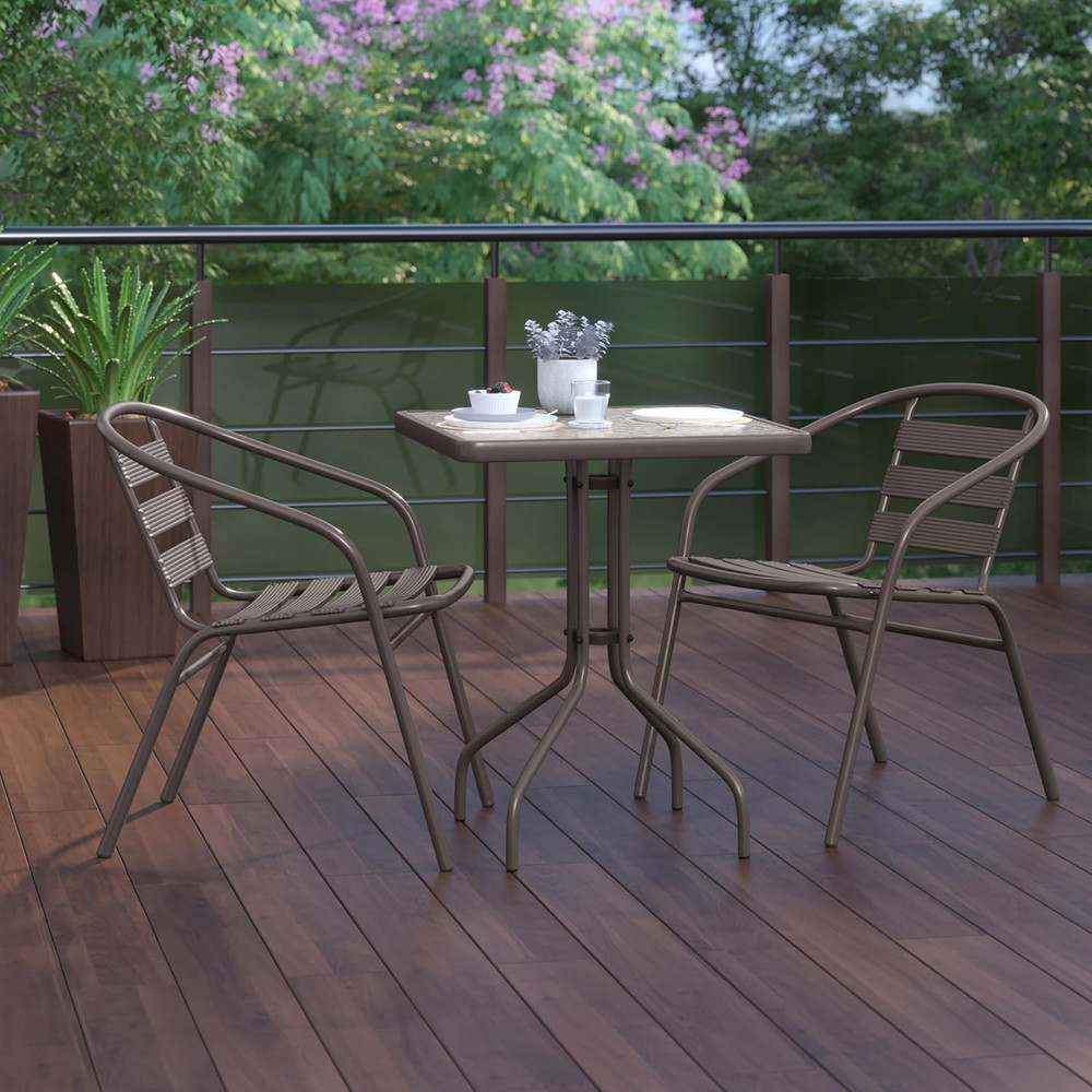 Lila 23.5'' Square Glass Table with 2 Bronze Slat Stack Chairs Set