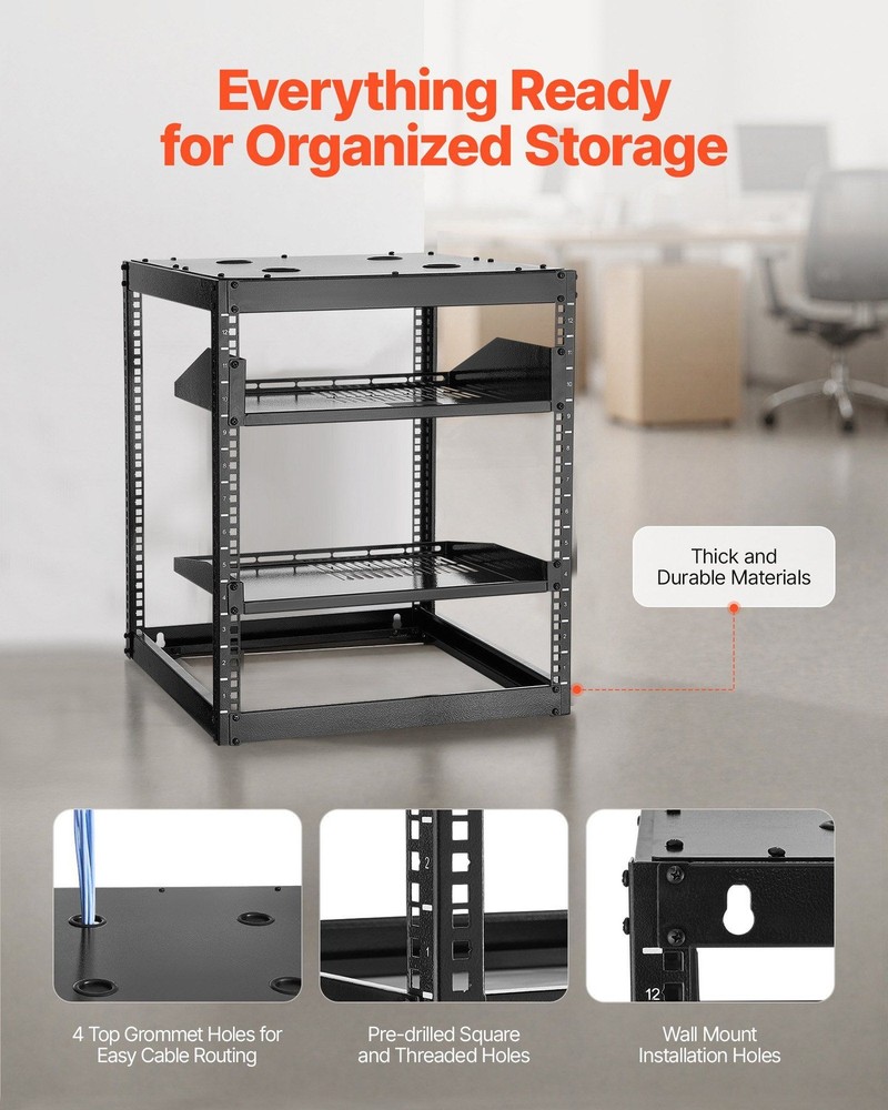 12U Floor Wall Rack 23in Depth Open Frame 500lb Load 4-Post Built