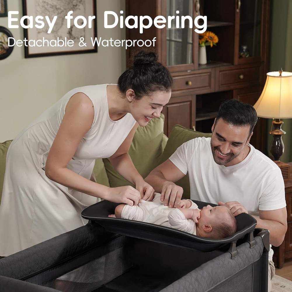 Portable Magic Fold Playard with Bassinet & Changing Table - Easy Zip Door