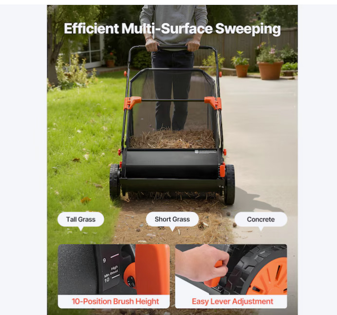 VEVOR 26" Push Lawn Sweeper – 7 cu ft Hopper, Adjustable Brushes