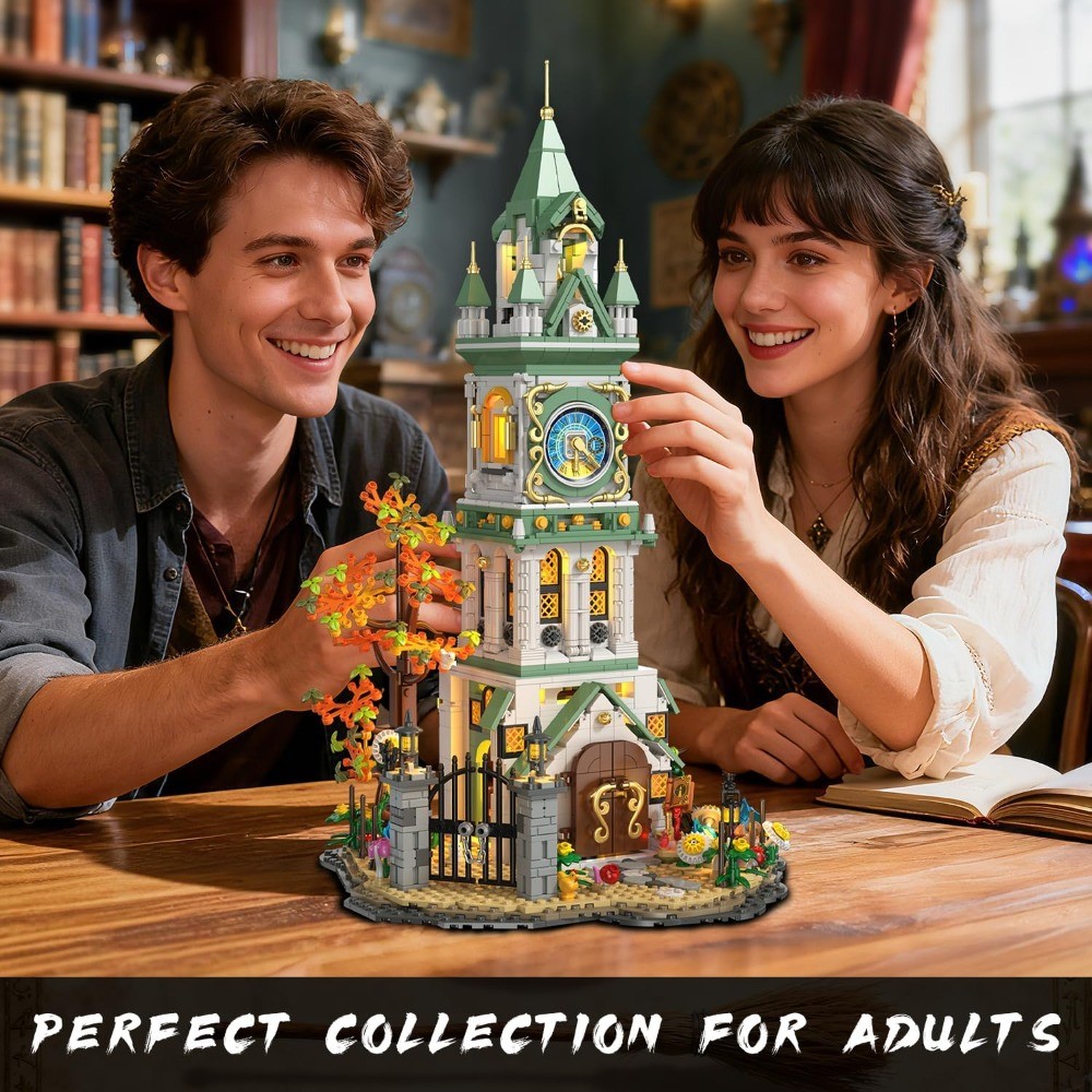 Magic Clock Tower Building Set with Light, 1566PCS Medieval Castle Model Kit